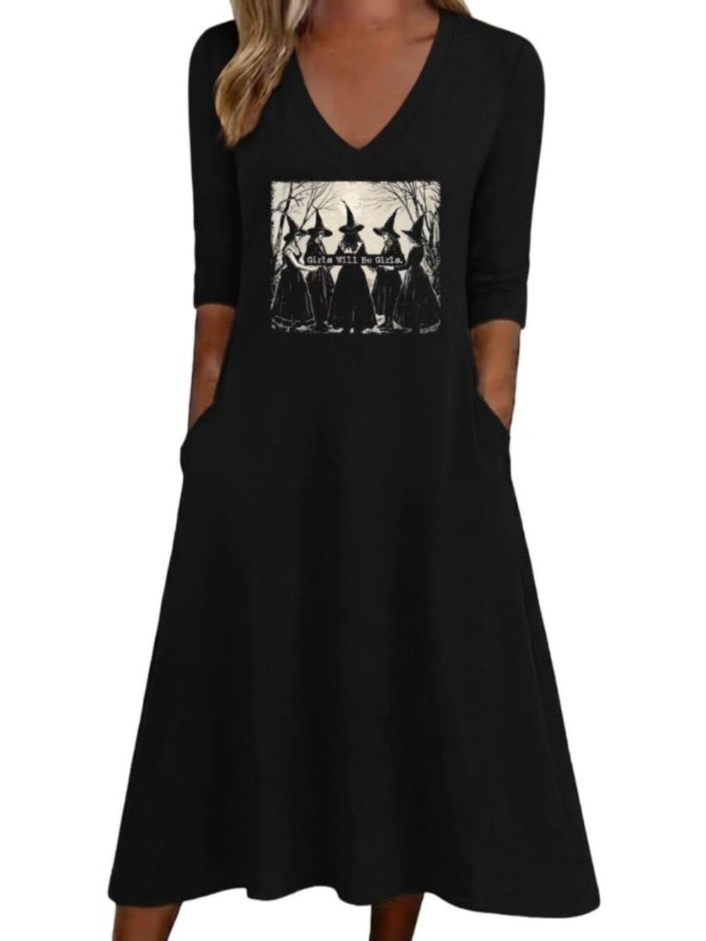🆕 Women's Halloween Black Witch Dress Graphic V-Neck With Pockets
